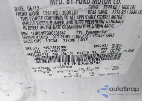 2013 Lincoln Mks Ecoboost из США, поврежденный, VIN 1LNHL9FT0DG606567